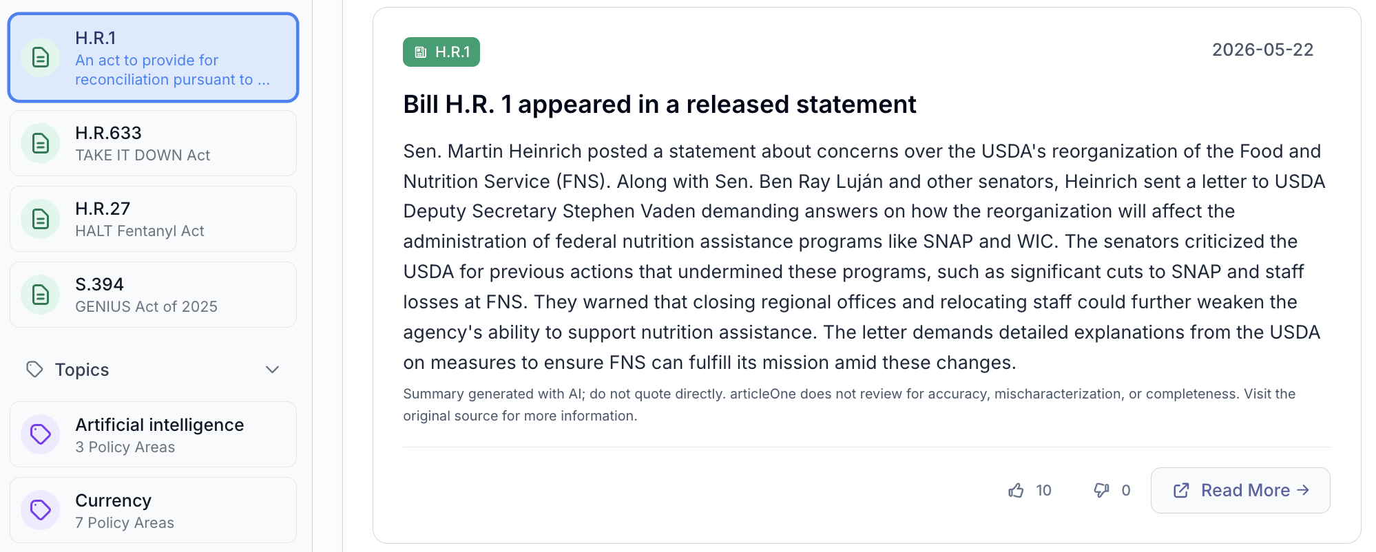 PolicyStream bill nugget — real-time legislative activity feed