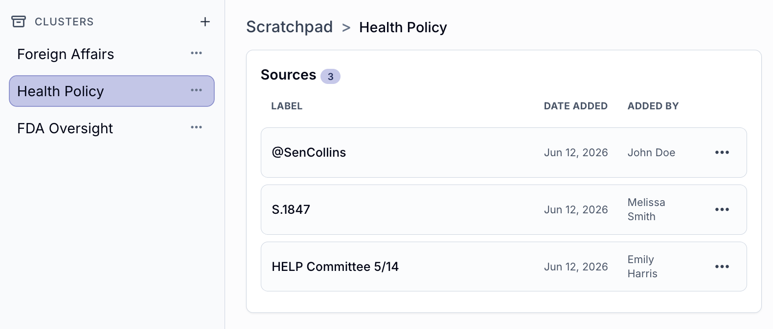 Scratchpad sources view — saved sources organized by cluster