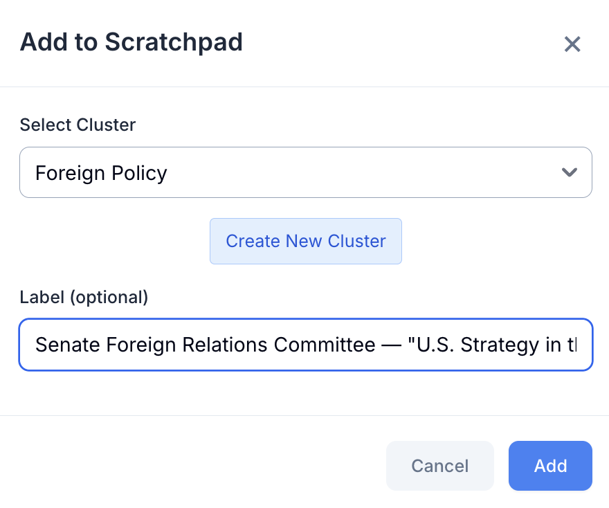Adding a source to a Scratchpad cluster from Library or Research