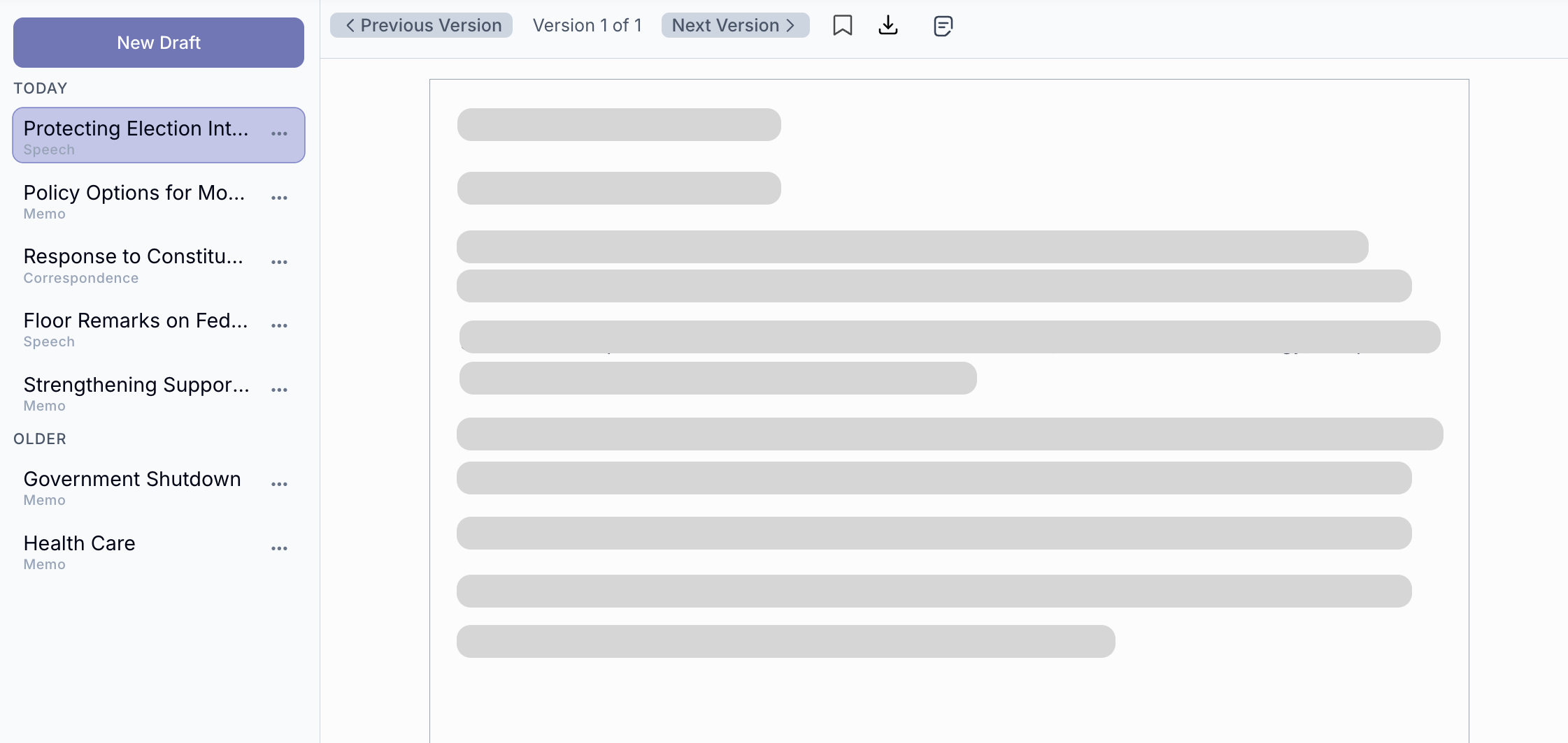 Studio document list — all drafts organized by date with New Draft button