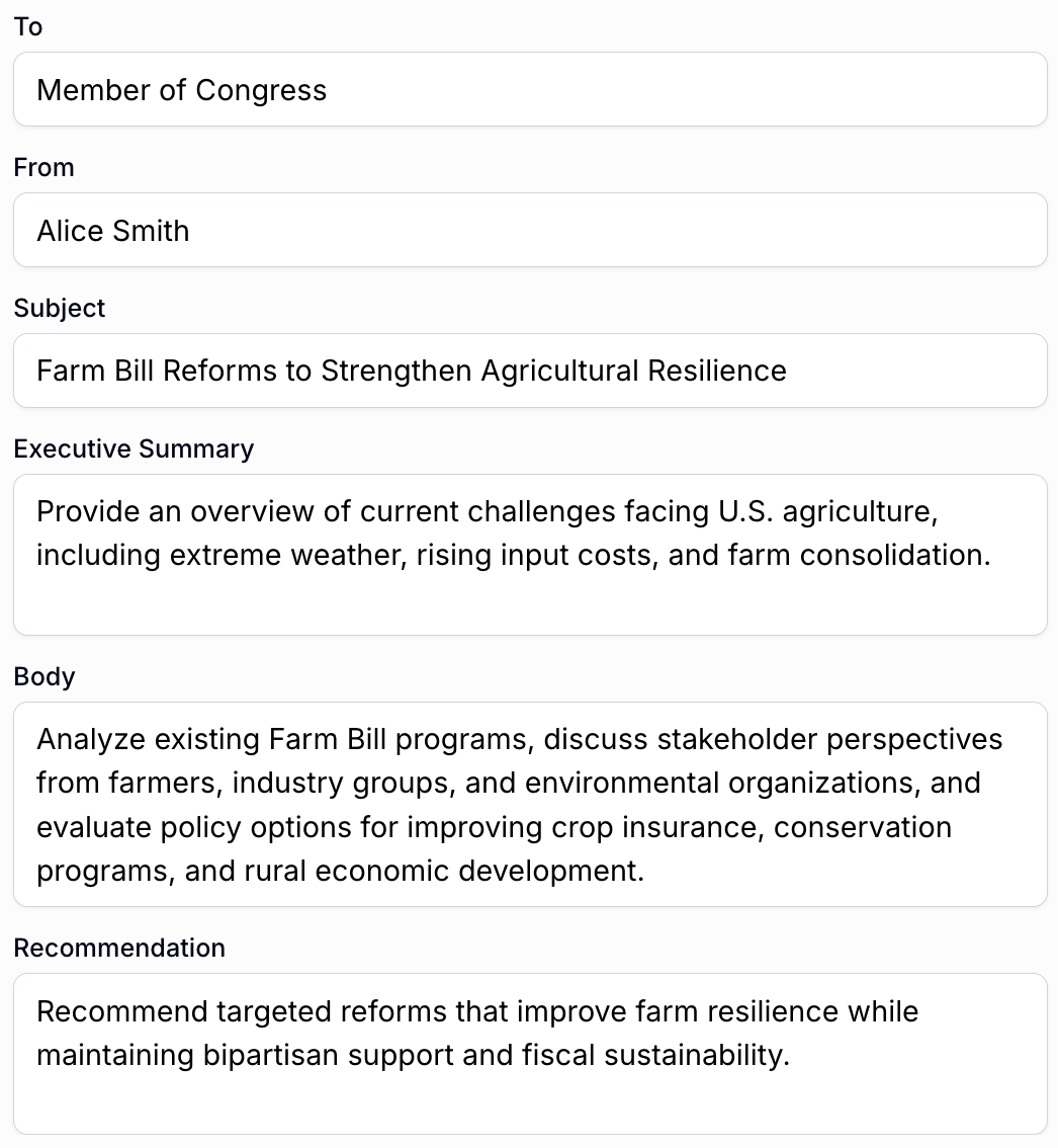 Studio structured form — set recipient, executive summary, body direction, and recommendation